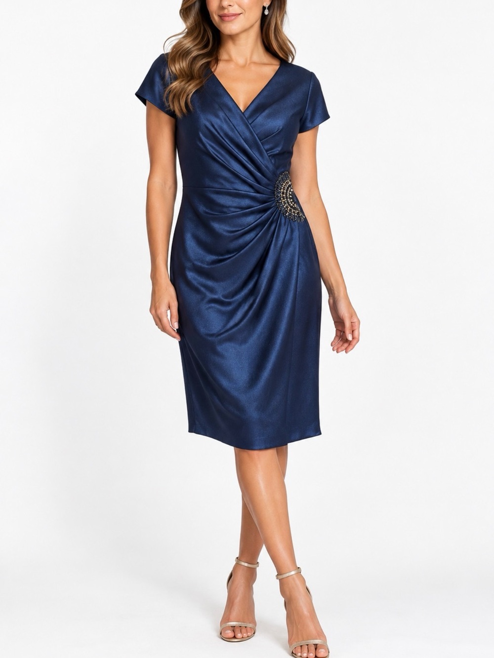 Theia Navy Blue Satin Beaded Embellished Ruched Sparkle Party Cocktail Dress 8